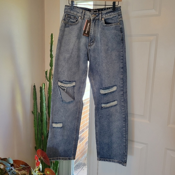 PrettyLittleThing Denim - Pretty Little Thing Distressed Wide Leg Boyfriend Jeans, Size‎ 8 100% Cotton
